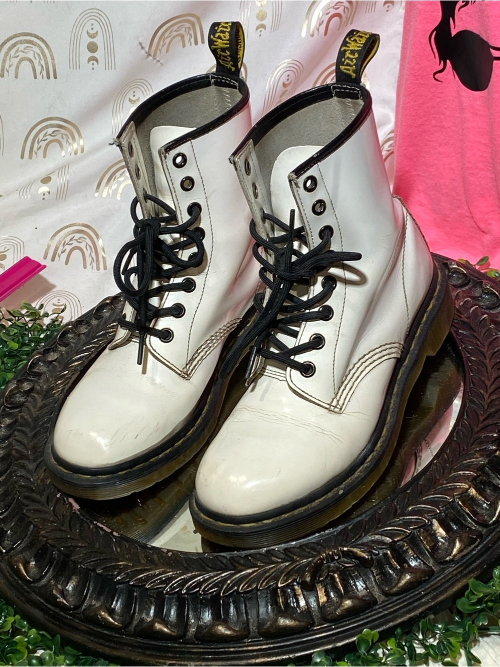 Vintage Dr. Martens White Lace-Up Combat Boots with Black Laces